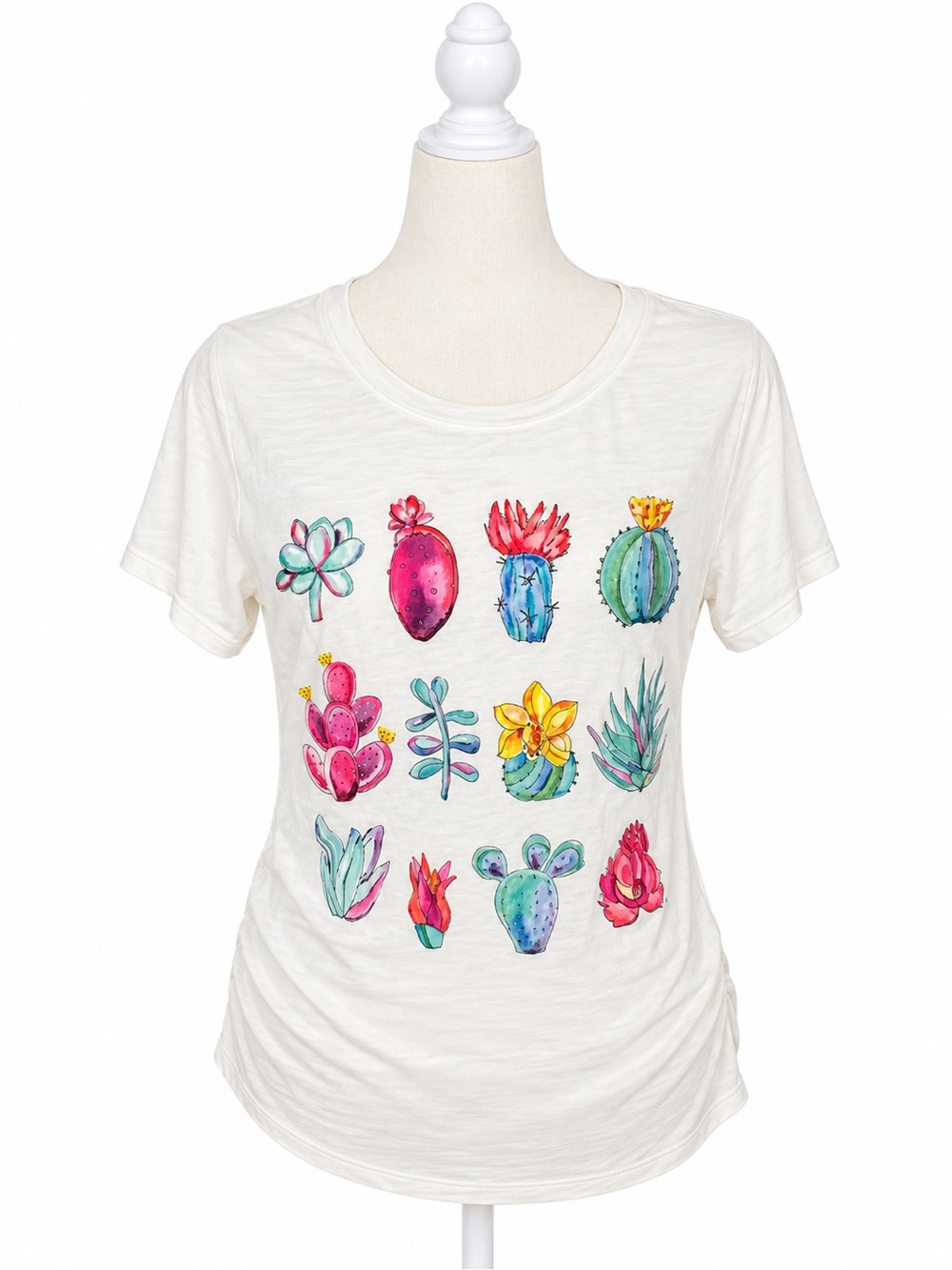 NWT Grace Lace Watercolor Cactus Succulent Graphic Tee White Short Sleeve Small